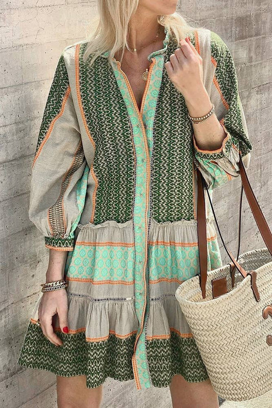 Summer Green Multicolor Print Open Button Dress
