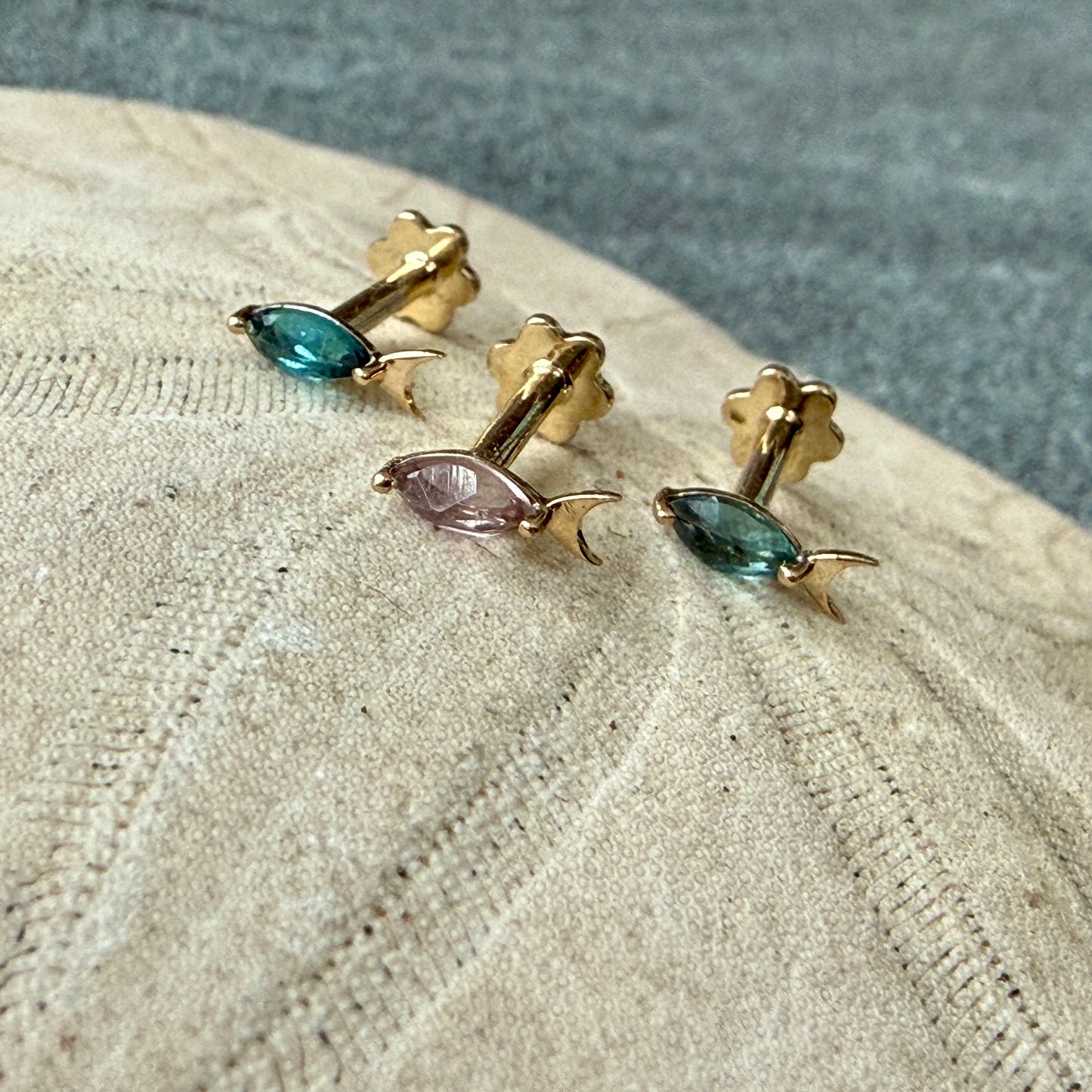 Tiny Tourmaline Fish Flatback Gold Studs