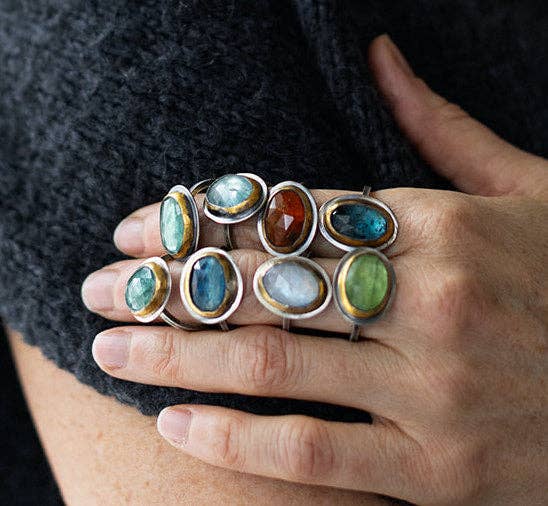 Crescent Rim Ring: Teal blue kyanite