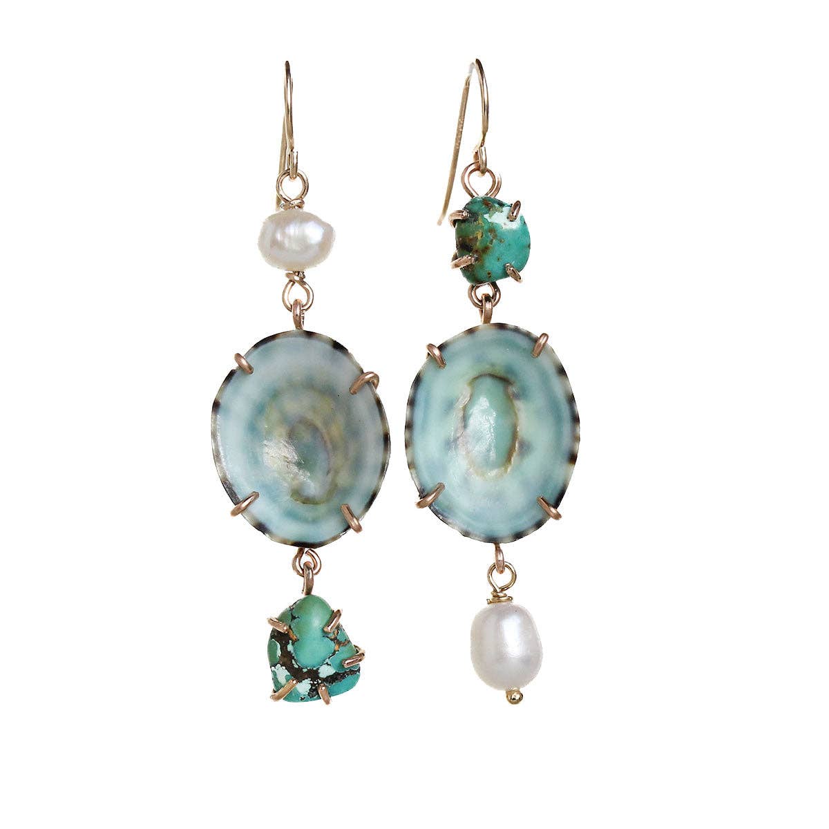 Green Limpet and Raw Turquoise Tier Earrings