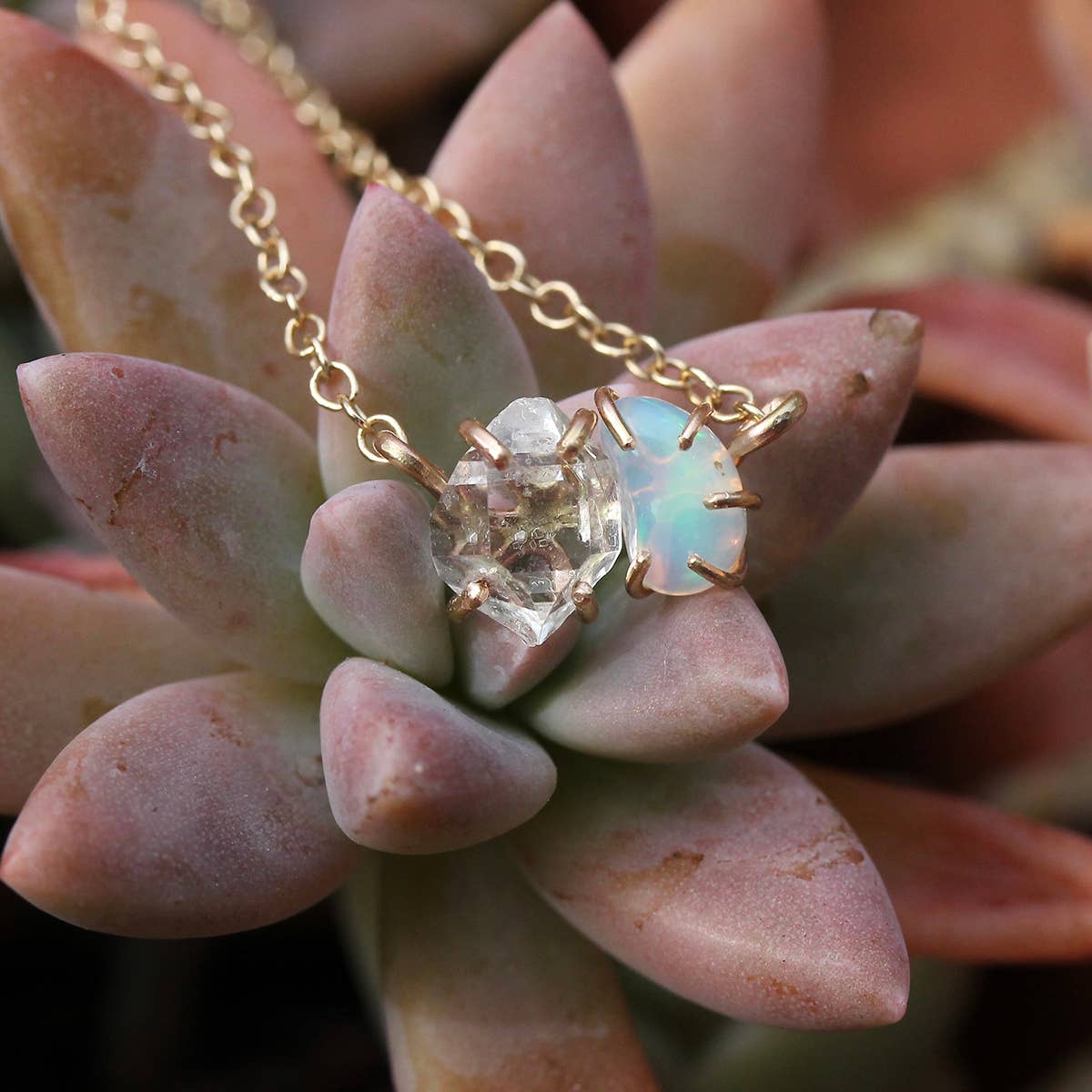 Opal and Herkimer Diamond Pebble Necklace: Sterling Silver