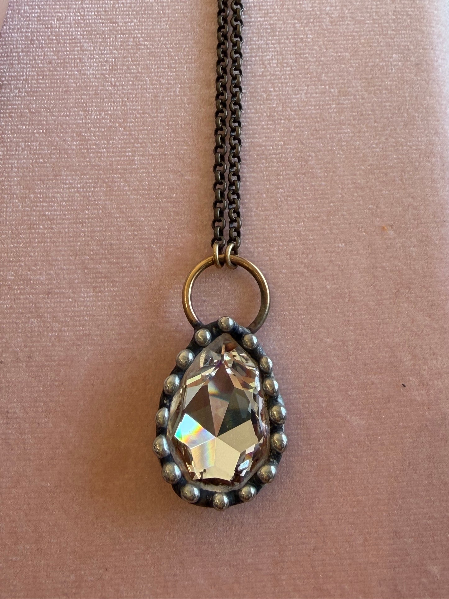 Large Clear Crystal Pendant with Silver and Brass