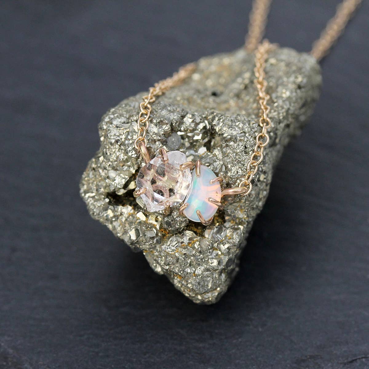 Opal and Herkimer Diamond Pebble Necklace: Sterling Silver