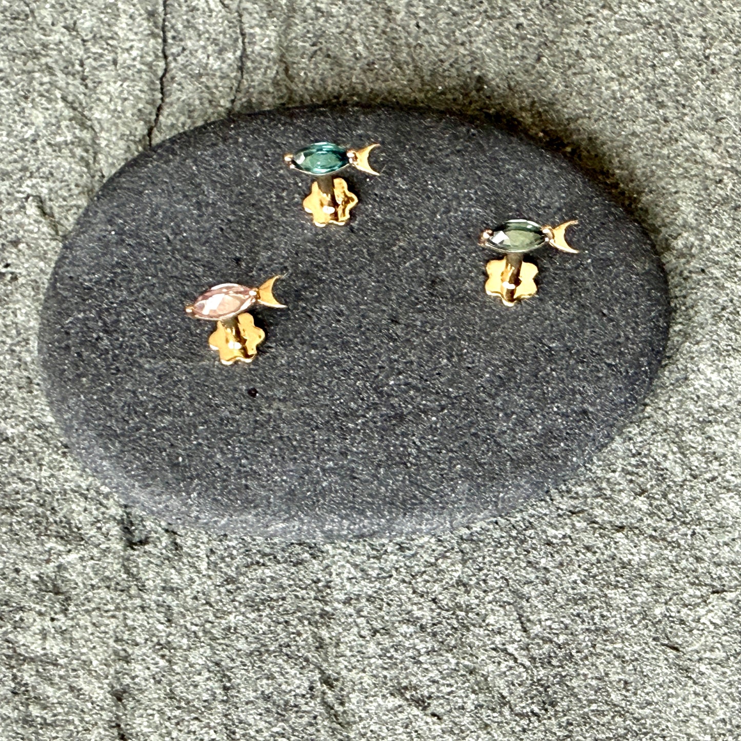 Tiny Tourmaline Fish Flatback Gold Studs