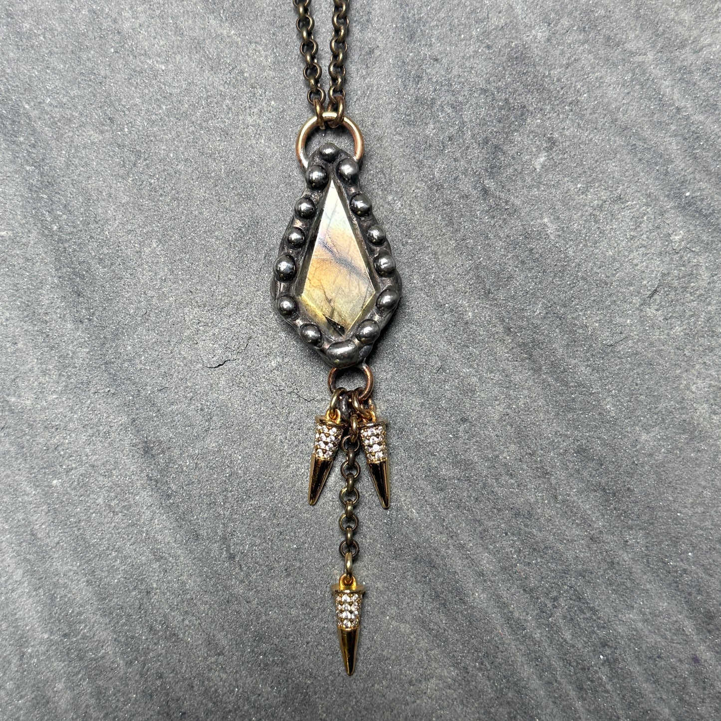 Labradorite and Pavé Brass Spike Drops Necklace ￼