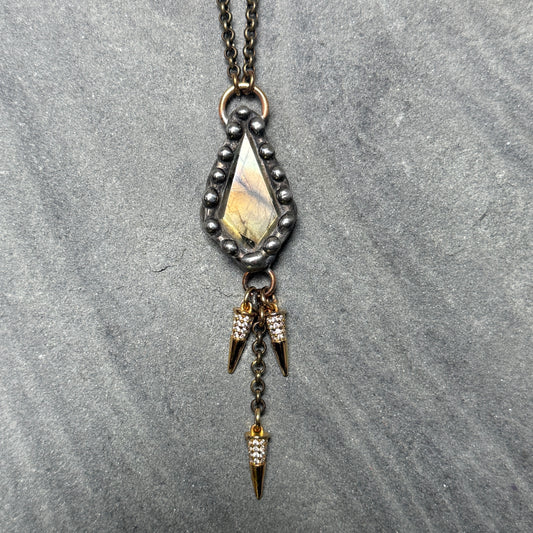 Labradorite and Pavé Brass Spike Drops Necklace ￼