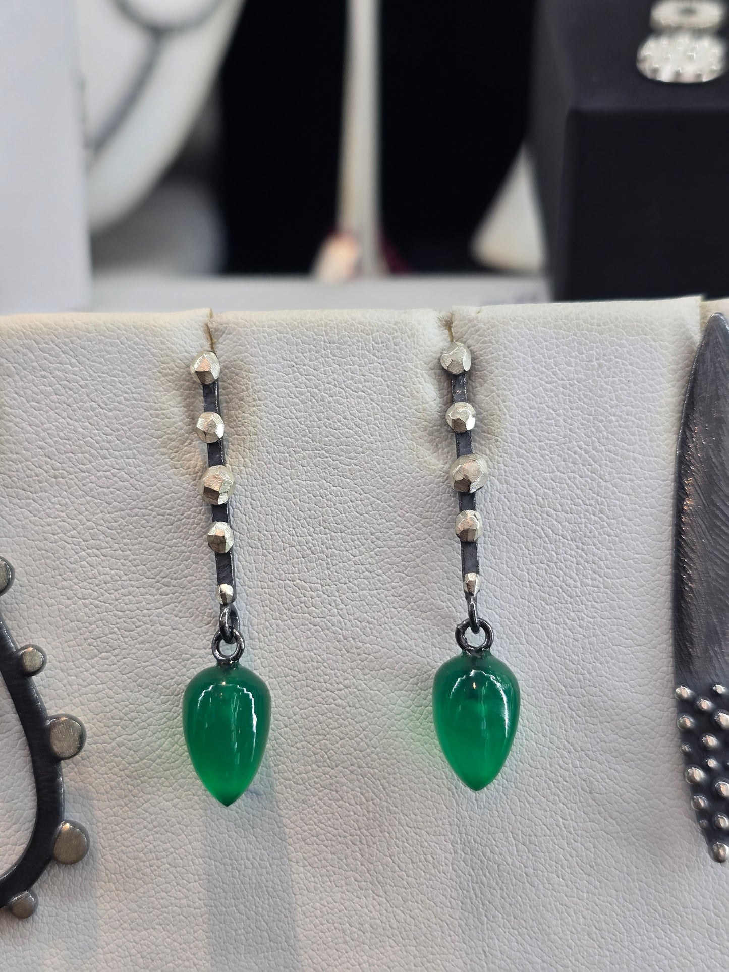 Oxidized Bumpy Rod w/ Green Onyx Dangle Earrings