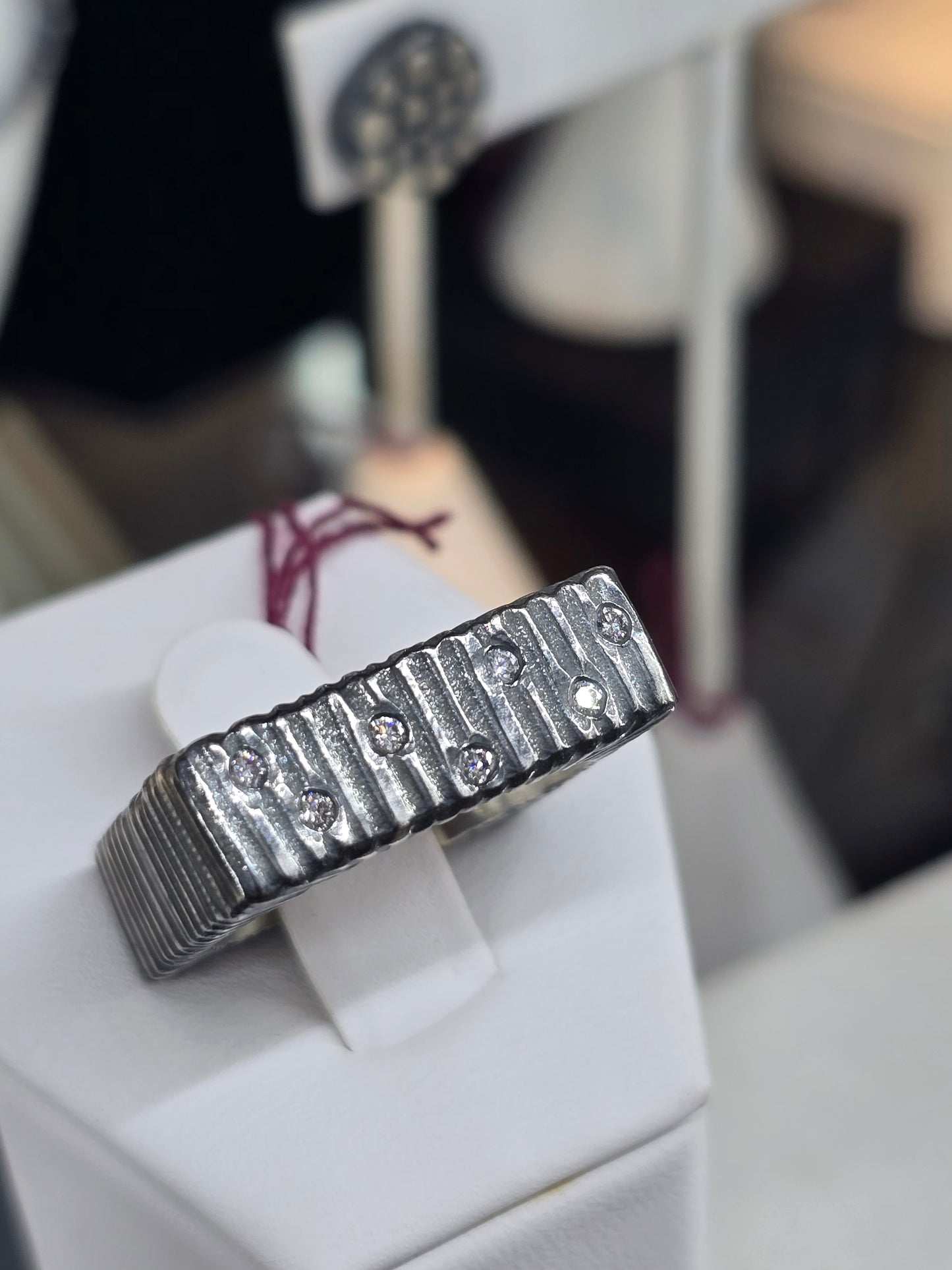 Oxidized Cubed Ring Band w/ Diamonds
