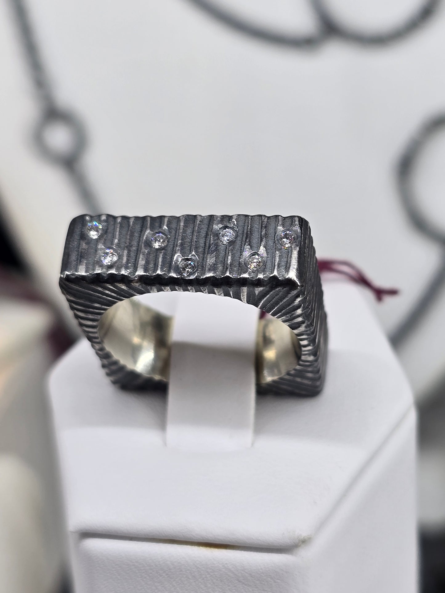 Oxidized Cubed Ring Band w/ Diamonds