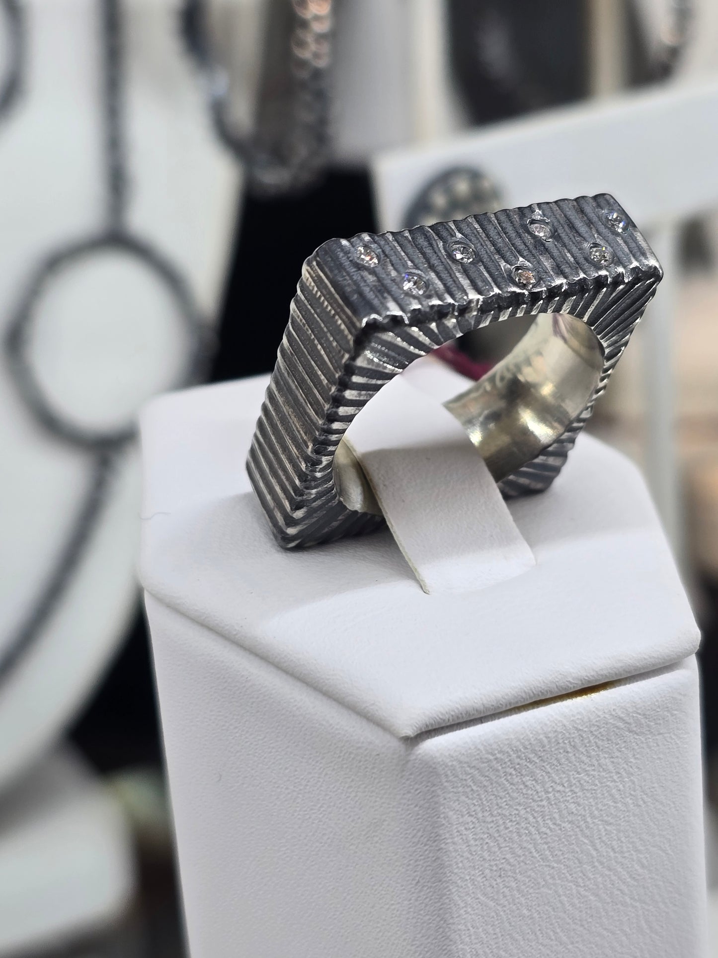 Oxidized Cubed Ring Band w/ Diamonds