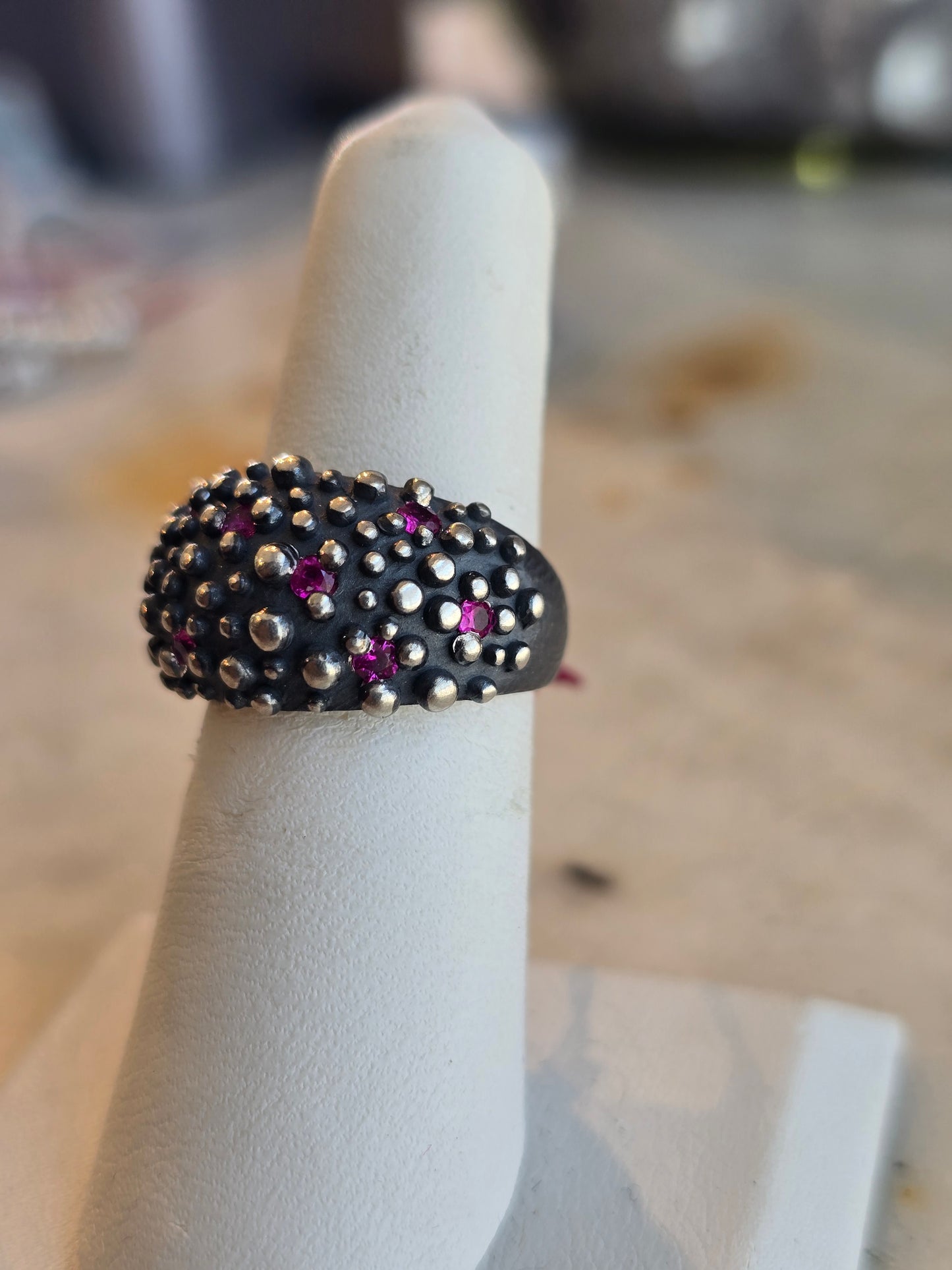 Oxidized Thick Ring Band w/ Rubies