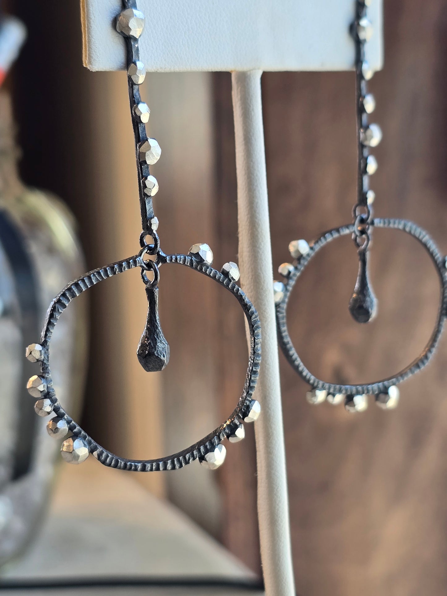 Oxidized Bumpy Rod & Circle Dangle Earrings