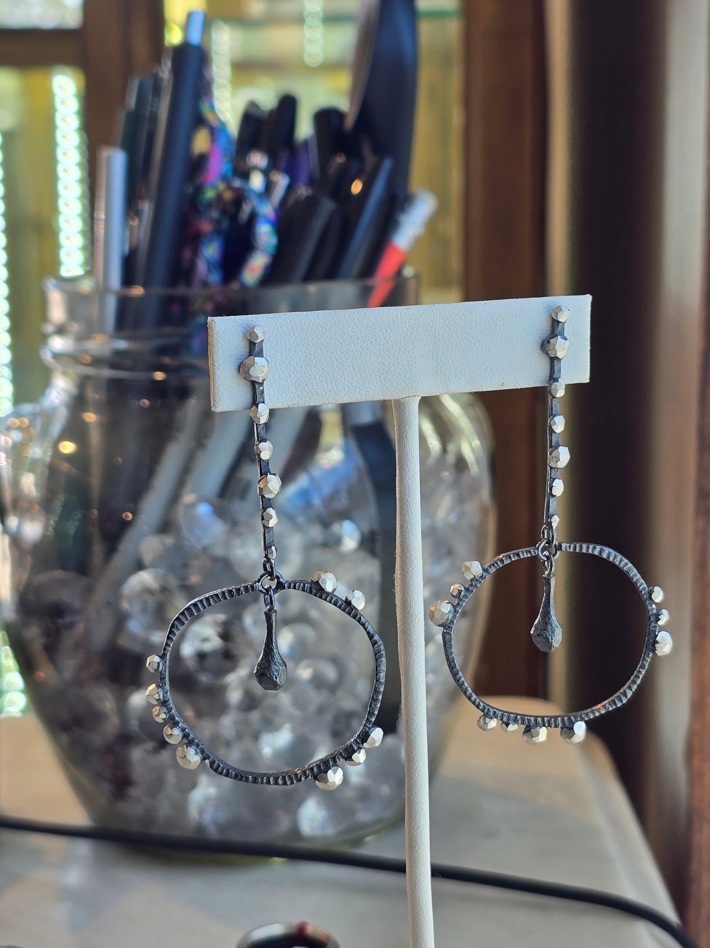 Oxidized Bumpy Rod & Circle Dangle Earrings