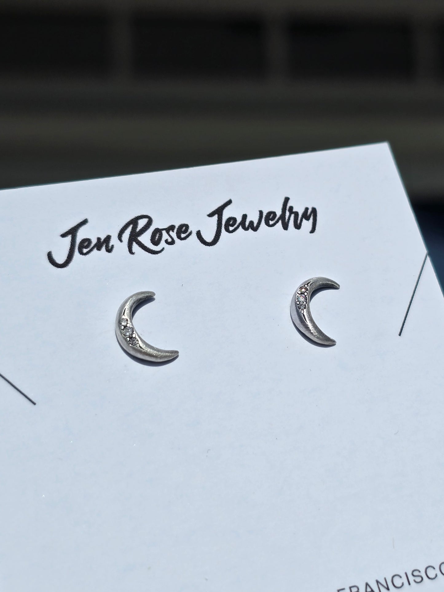 Sterling Silver Mini Crescent Moon Studs w/ Diamonds