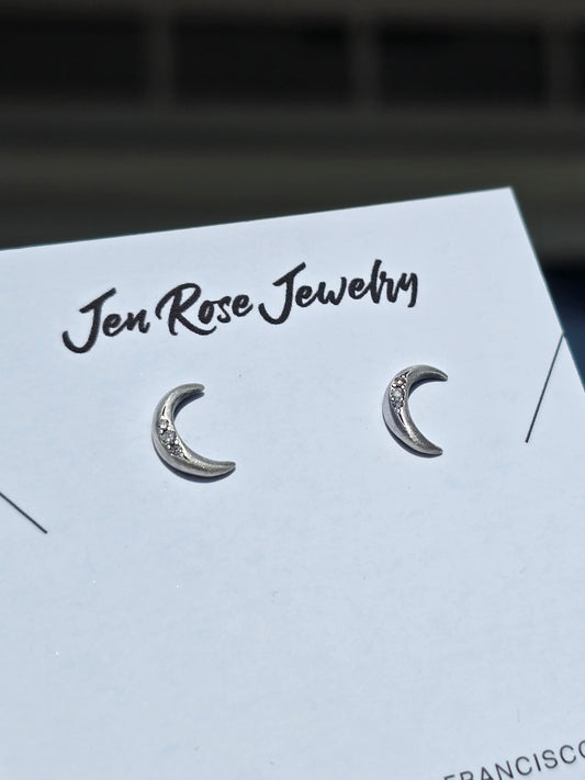 Sterling Silver Mini Crescent Moon Studs w/ Diamonds