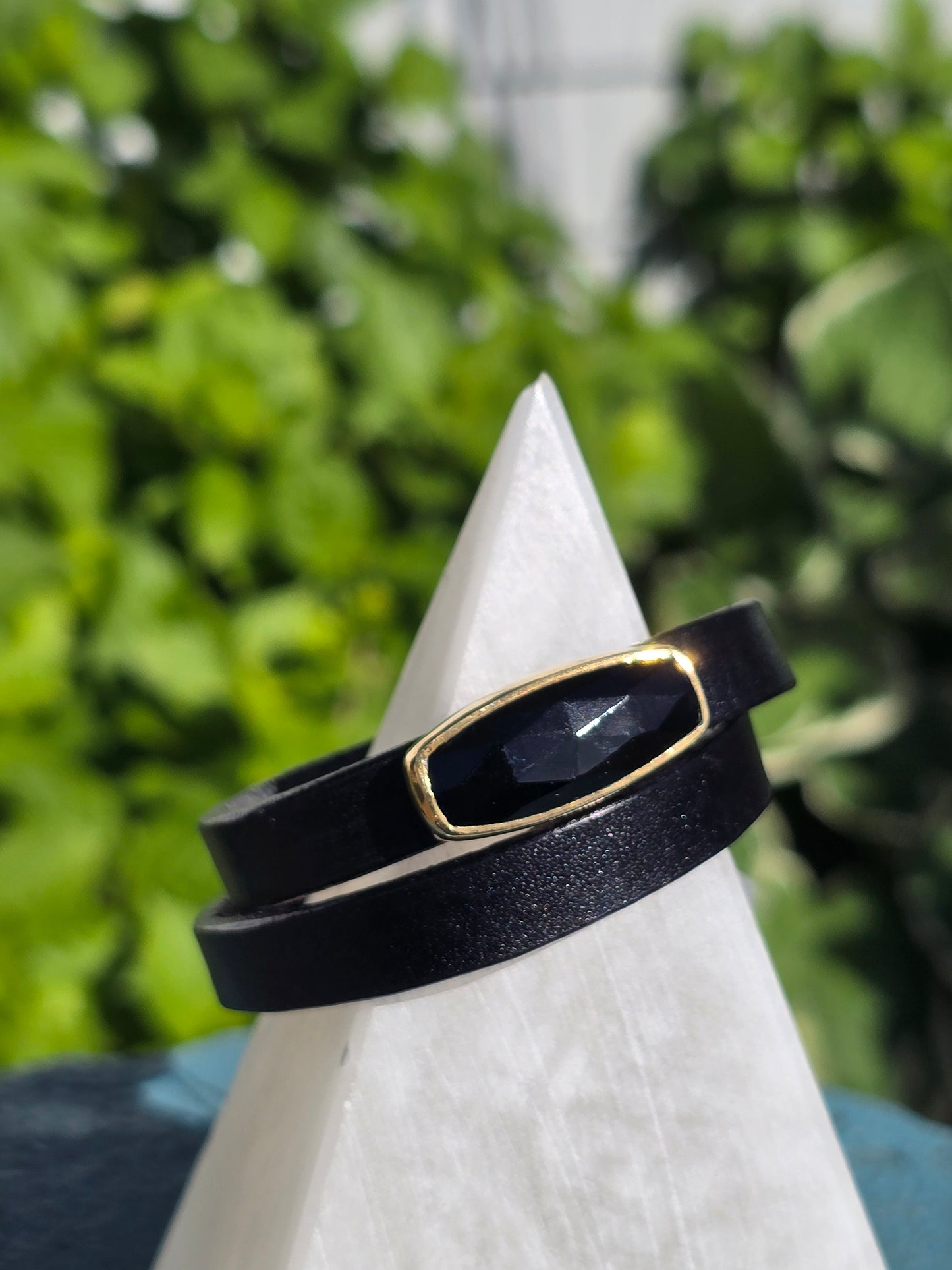 Black Leather Wrap Bracelet w/ Black Onyx