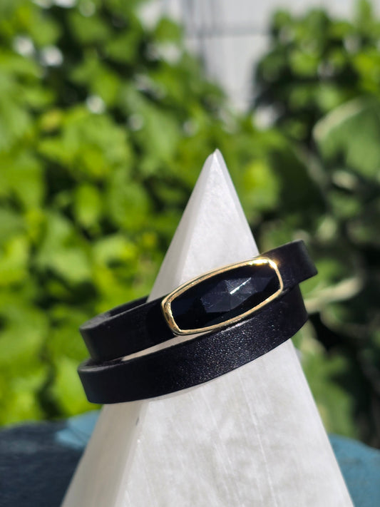 Black Leather Wrap Bracelet w/ Black Onyx