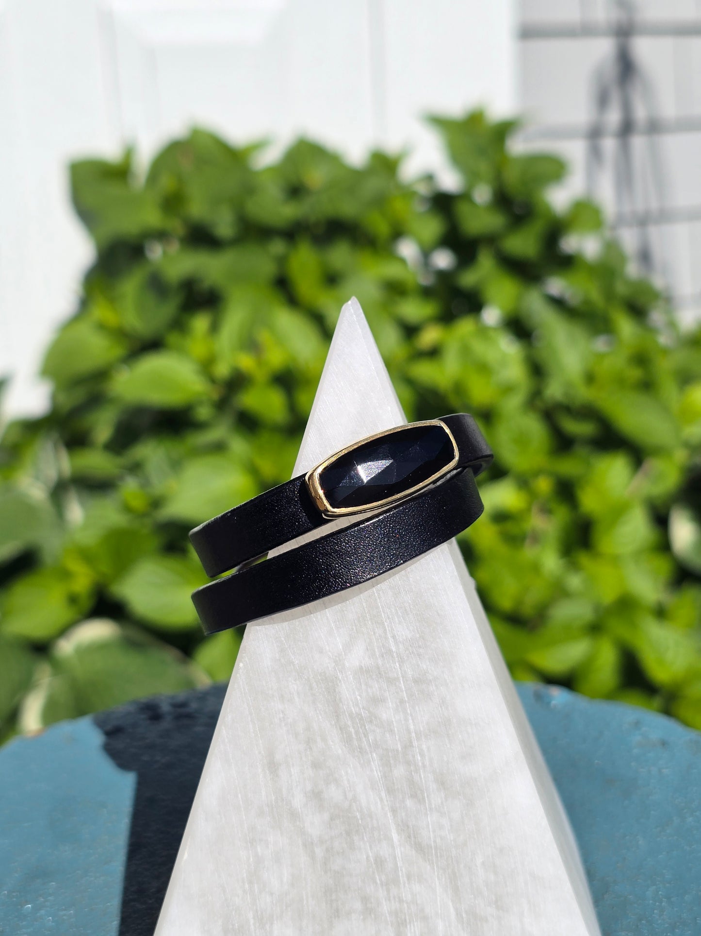 Black Leather Wrap Bracelet w/ Black Onyx
