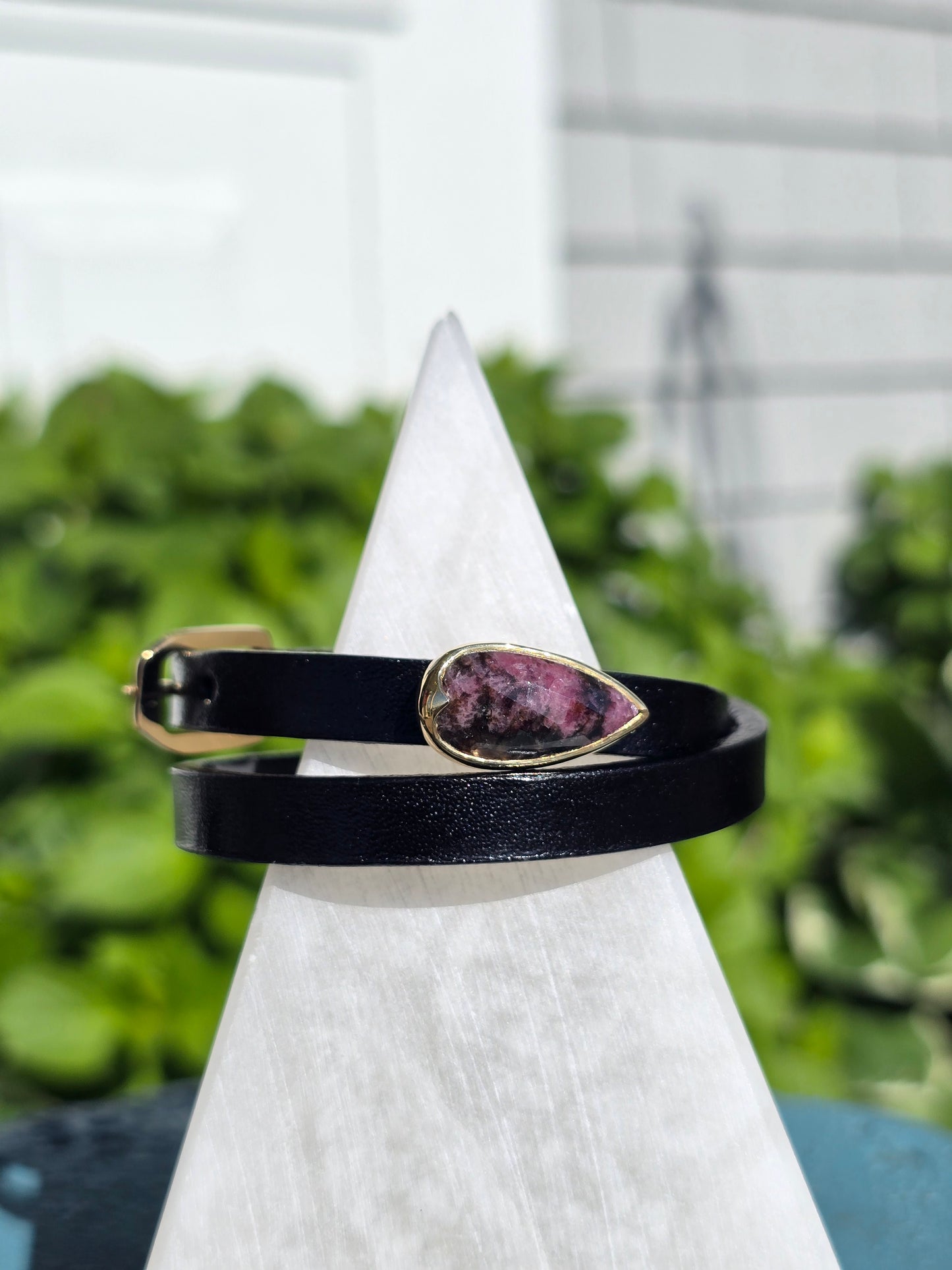 Black Leather Wrap Bracelet w/ Rhodonite