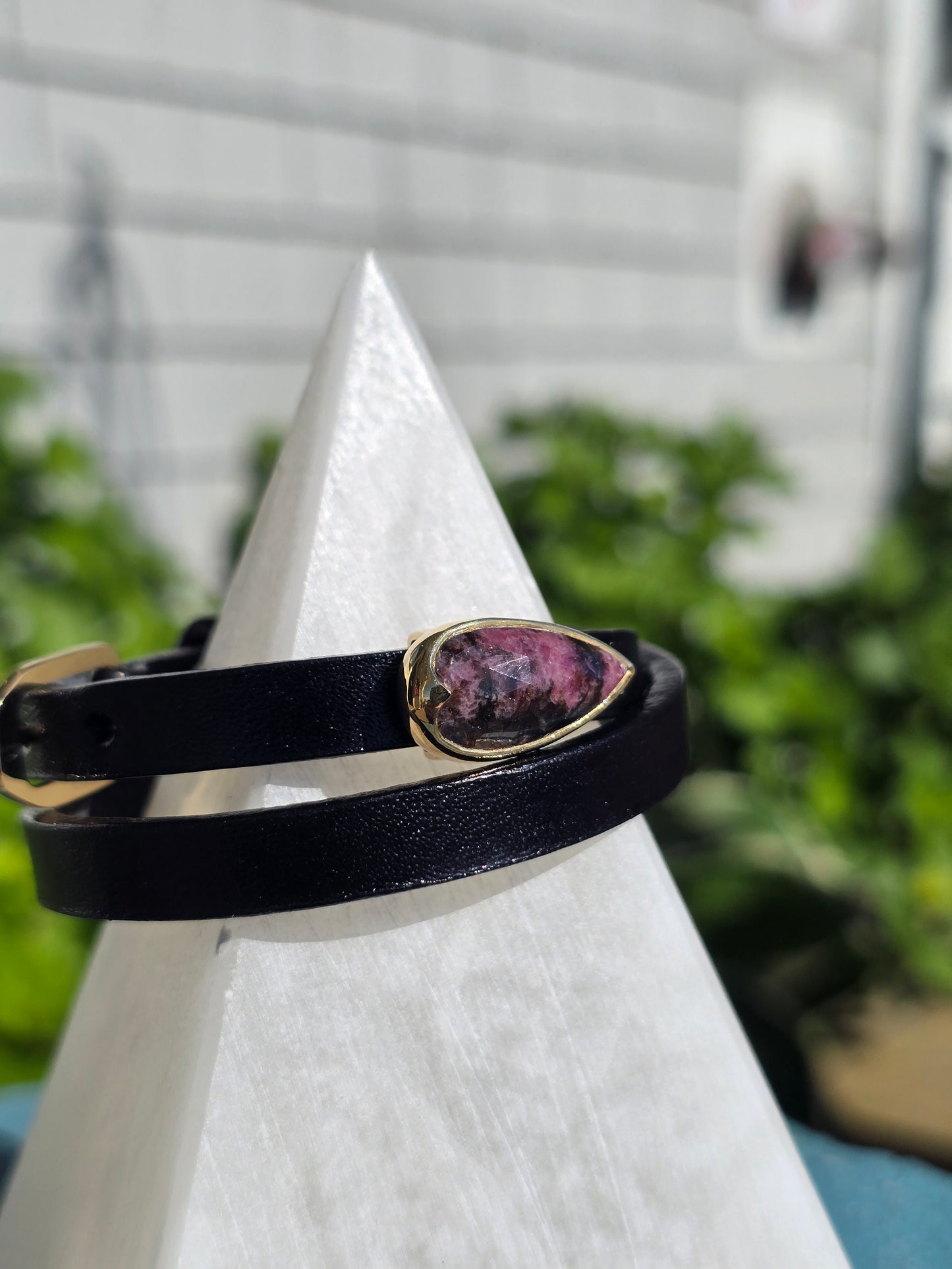 Black Leather Wrap Bracelet w/ Rhodonite
