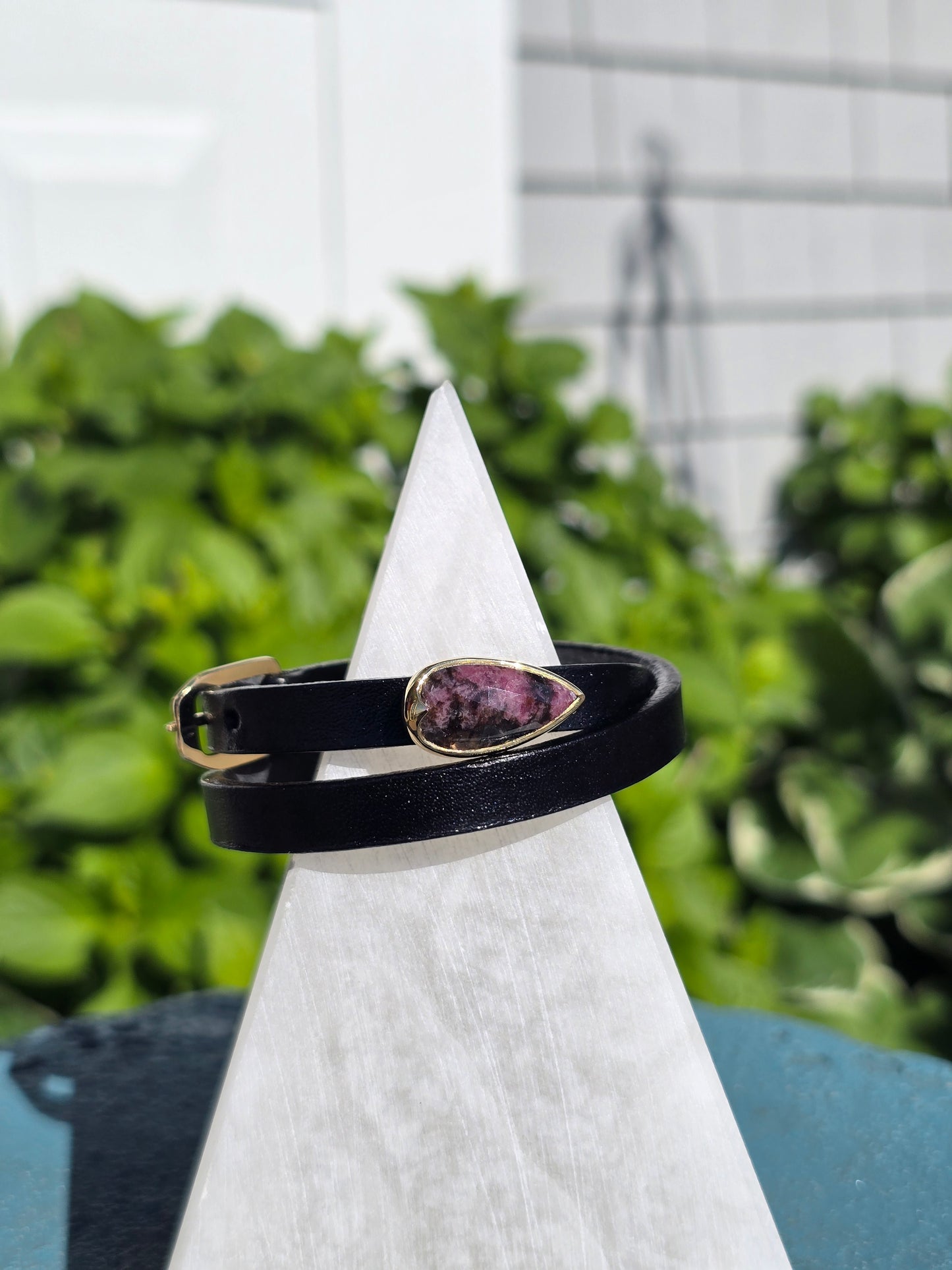 Black Leather Wrap Bracelet w/ Rhodonite