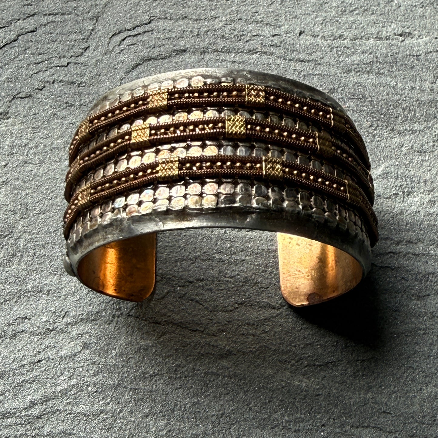 Silver Mesh and Vintage Copper Chain Cuff Bracelet