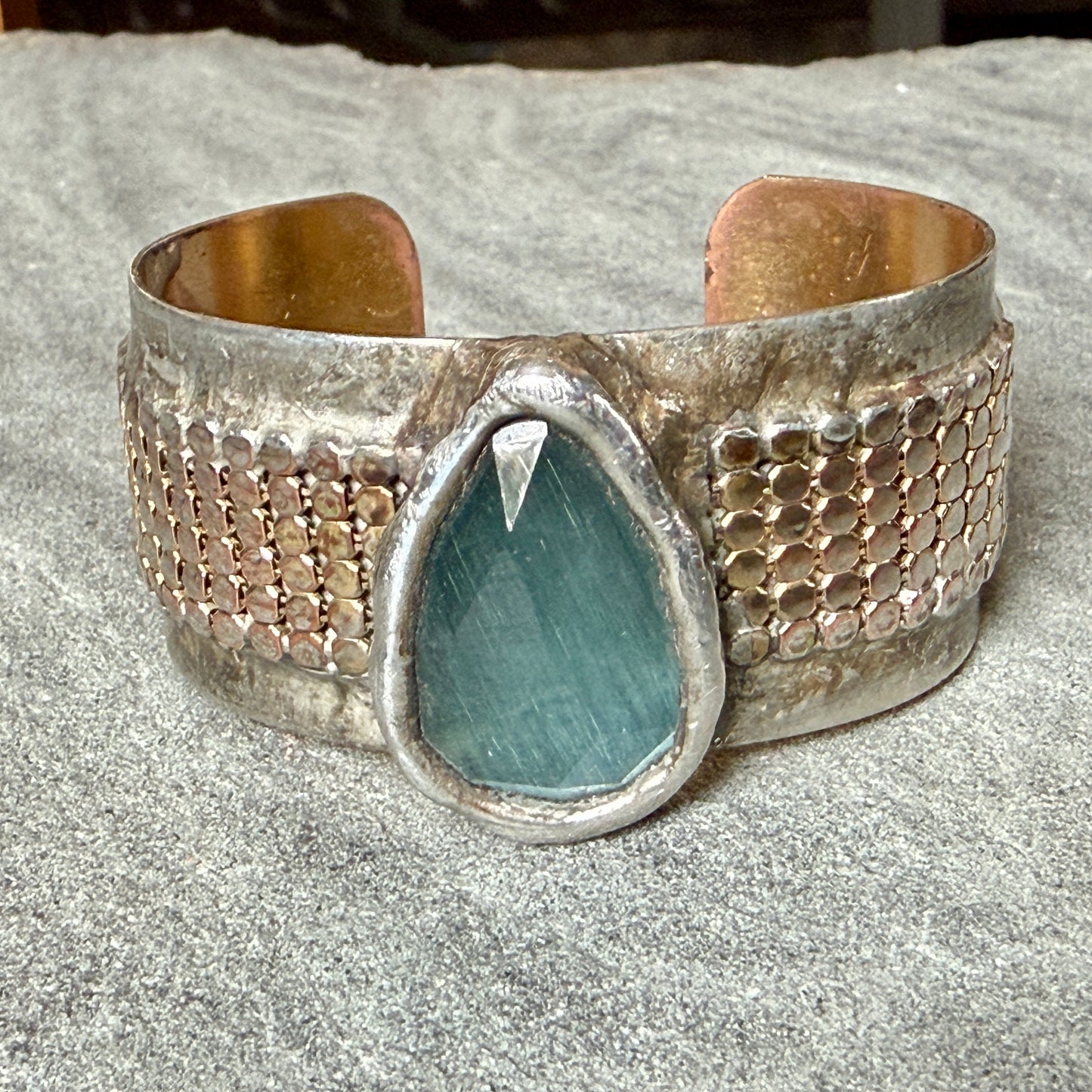 Aqua Cat's Eye and Metal Mesh Cuff Bracelet