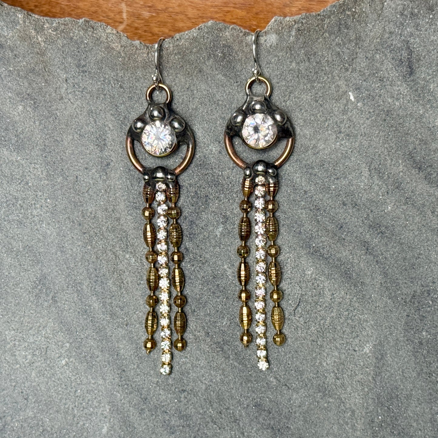 Zircon and Brass Chain Dangle Earrings