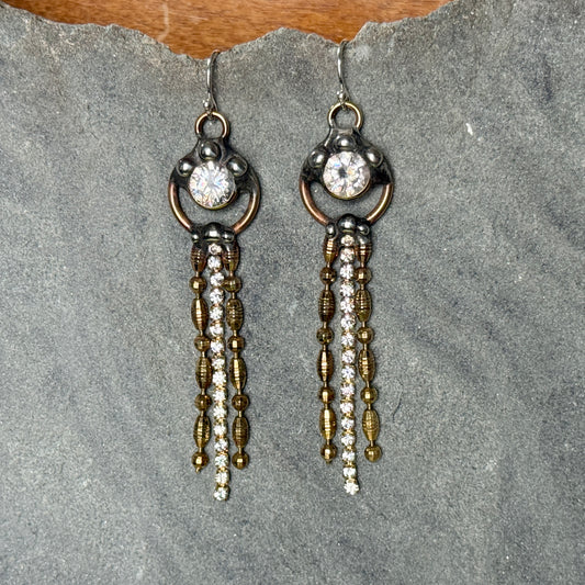 Zircon and Brass Chain Dangle Earrings