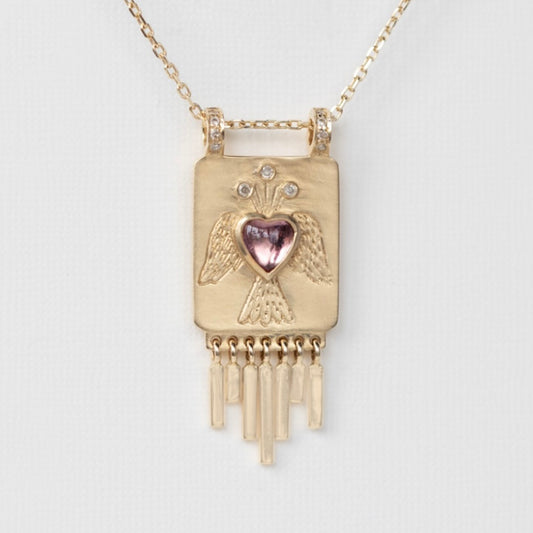 Angel Plate Tourmaline Heart w/ Dangling Diamonds Necklace