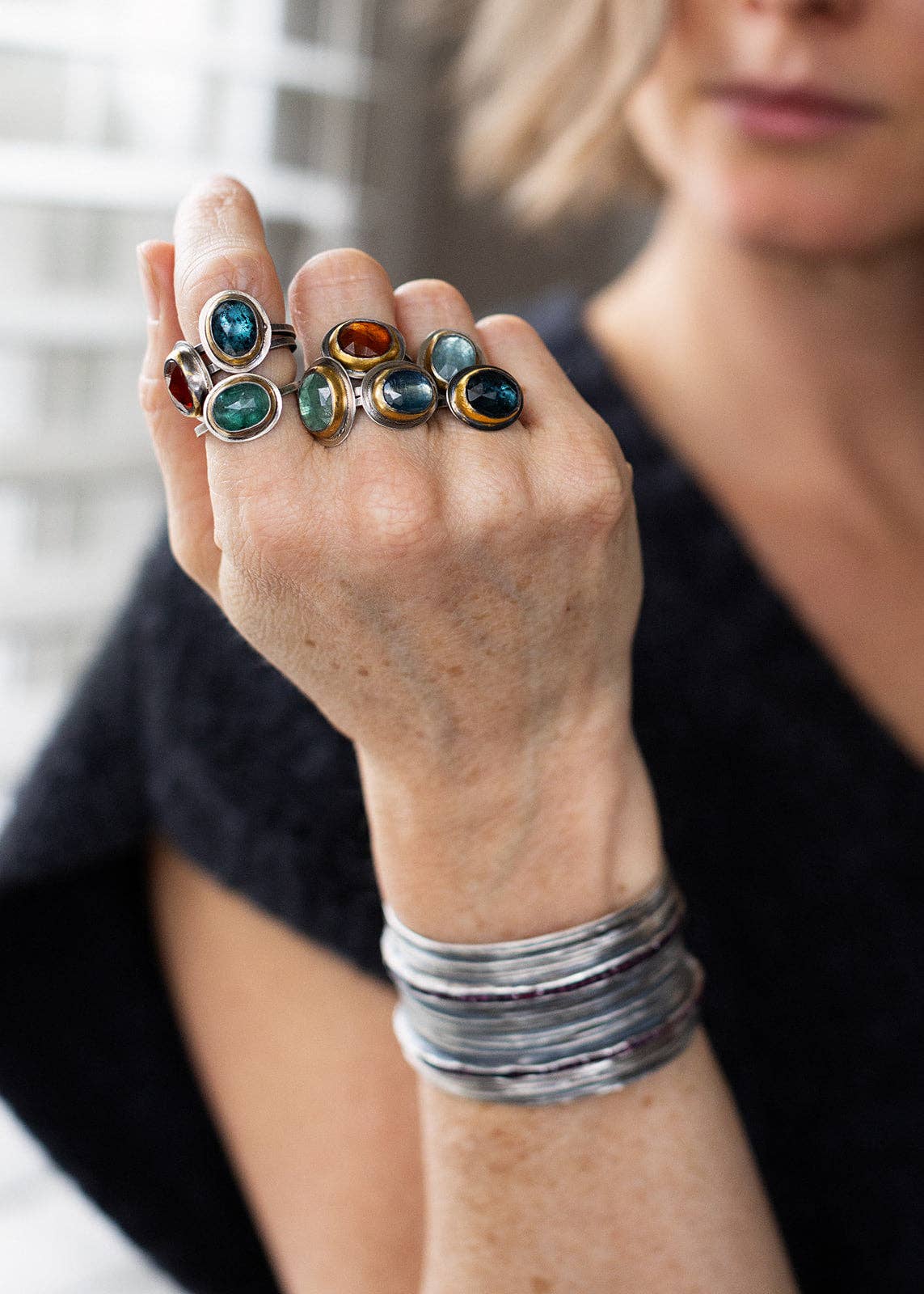 Crescent Rim Ring: Teal blue kyanite