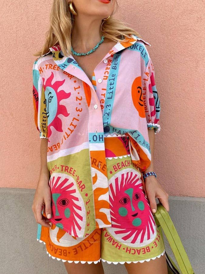Summer Print Button Up Shirt and Shorts Set