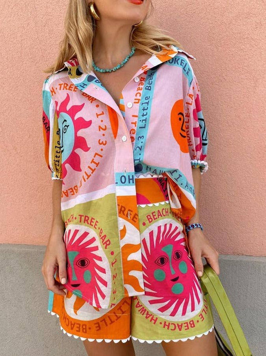 Summer Print Button Up Shirt and Shorts Set