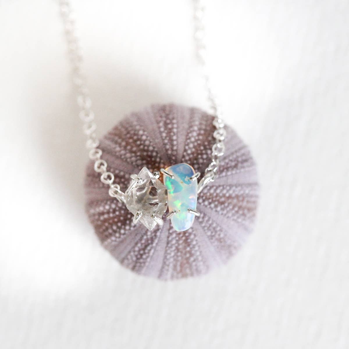Opal and Herkimer Diamond Pebble Necklace: Sterling Silver