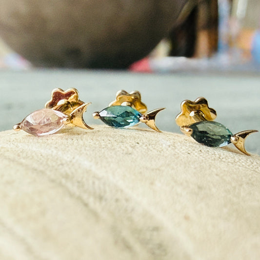 Tiny Tourmaline Fish Flatback Gold Studs