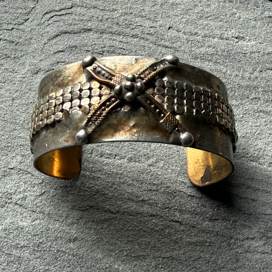 Silver Mesh and Vintage Copper Chain "X" Cuff Bracelet