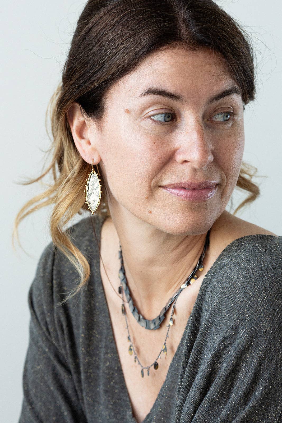 Spur Marquise Earrings: Two tone/14k vermeil and oxidized silver