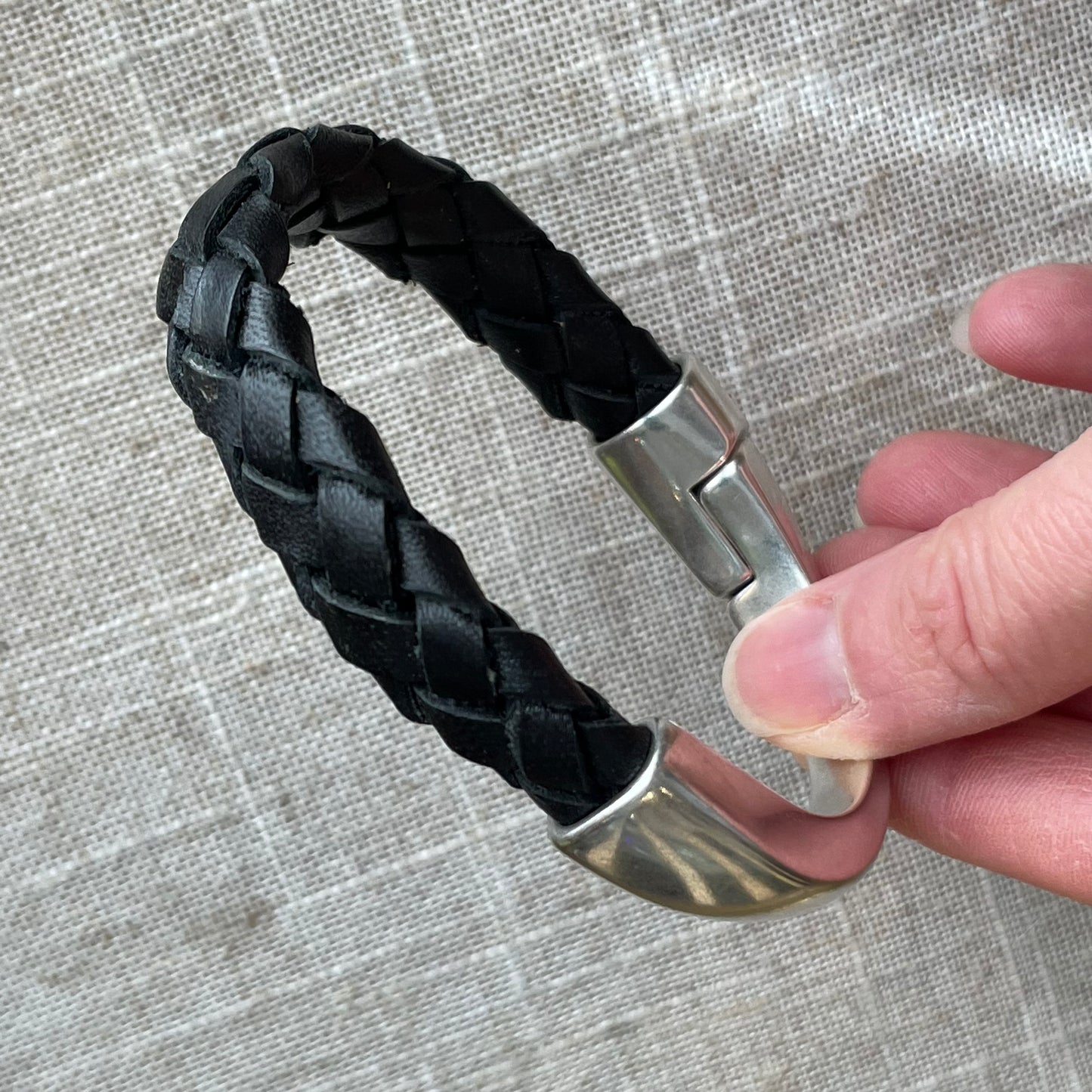 Braided Black leather and silver bracelet