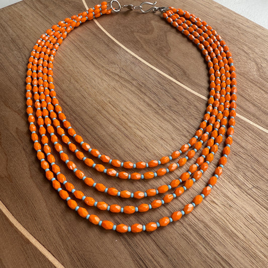 5 Strand German Tangerine & Turquoise Glass Bead Necklace