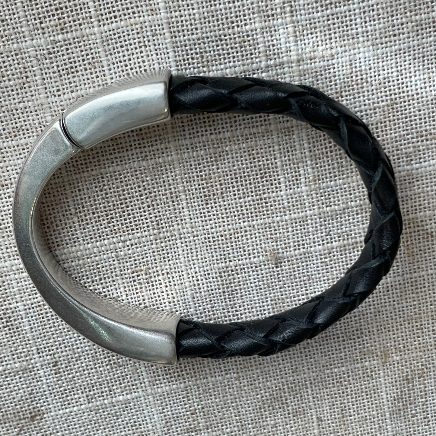 Braided Black leather and silver bracelet
