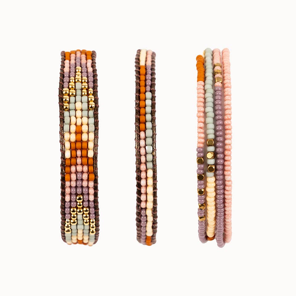 Layered Stripes Bead & Leather Bracelet: Deep Pop