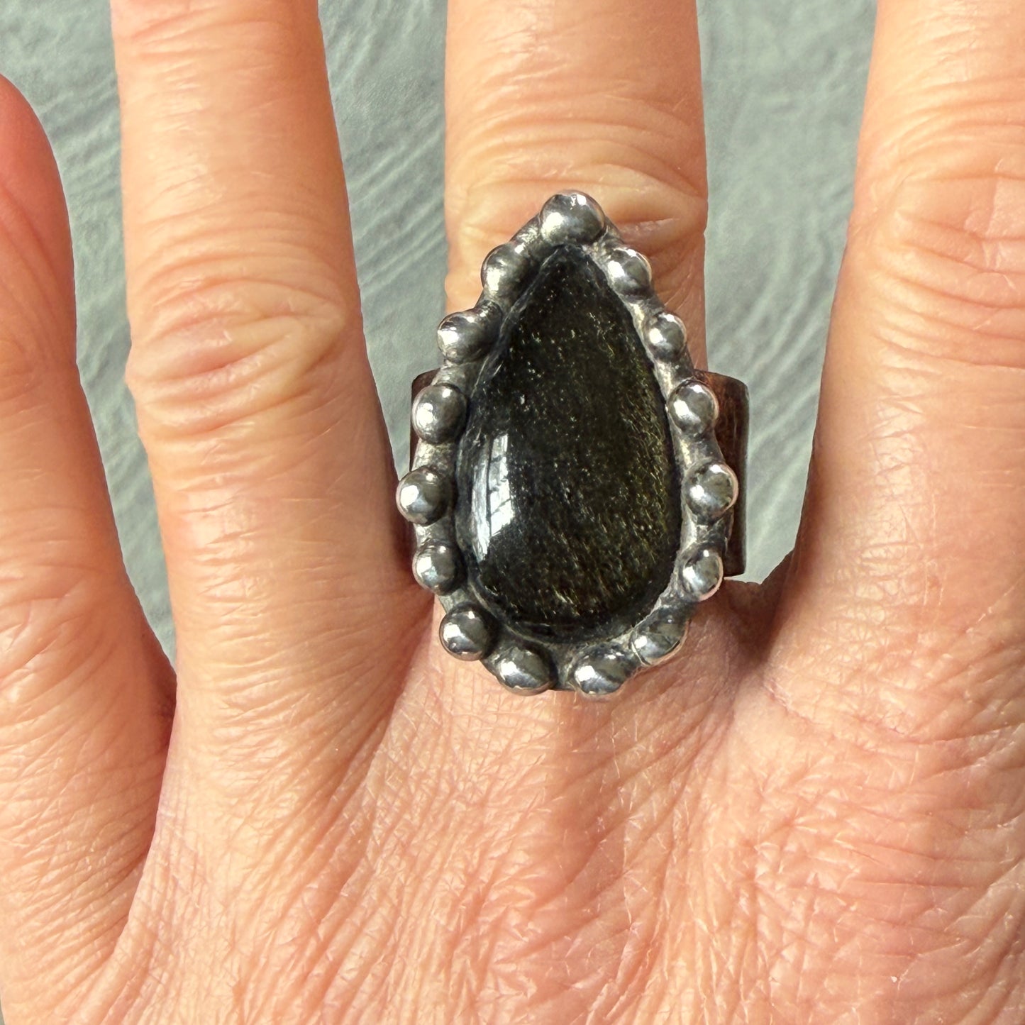 Golden Obsidian Teardrop Ring