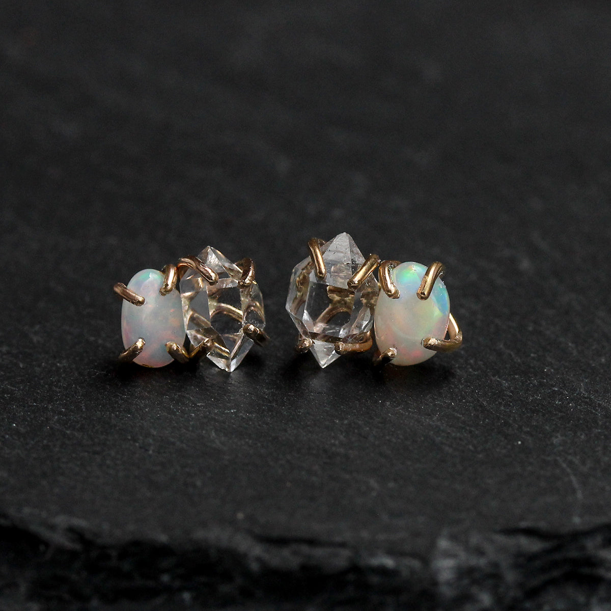 Opal and Herkimer Diamond Pebble Studs