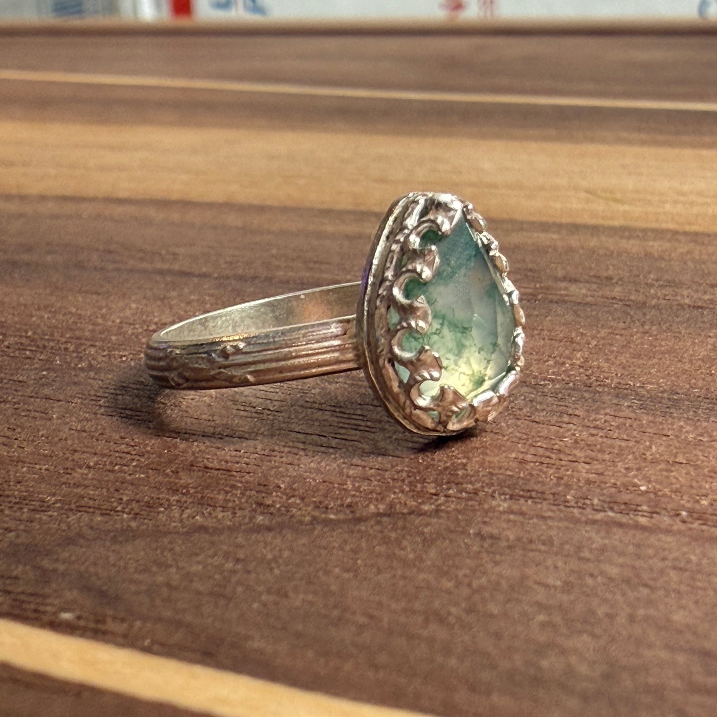 Moss Agate Teardrop Ring