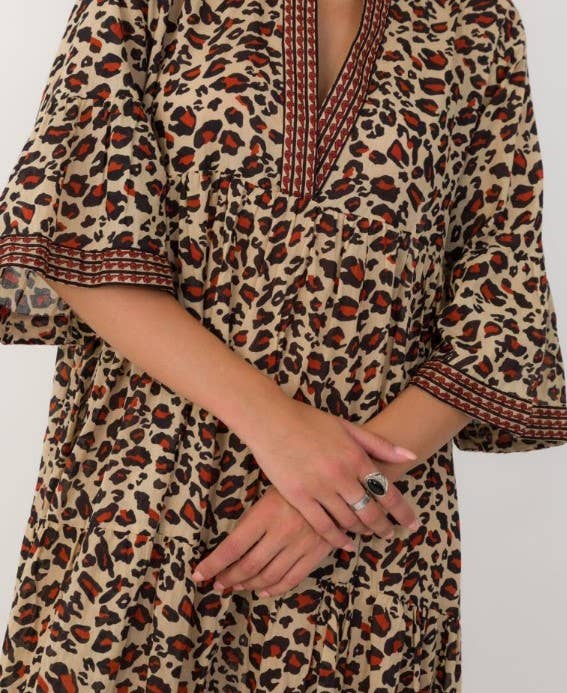One Size Leopard Cotton Button Shirt Maxi Dress