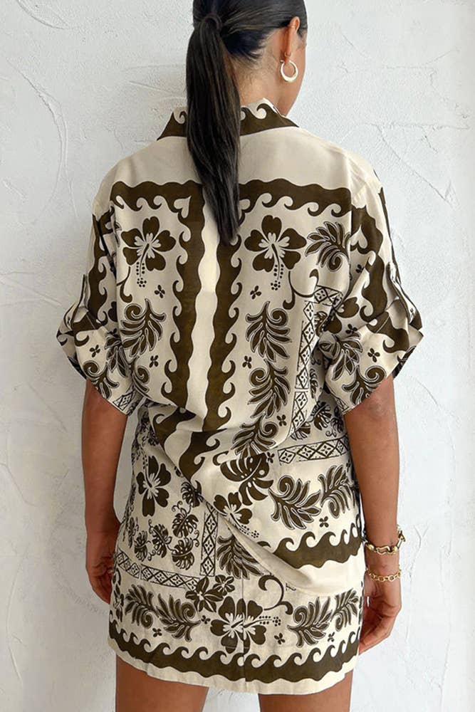 Brown Tropical Print Button Up Shirt and Skirt Set