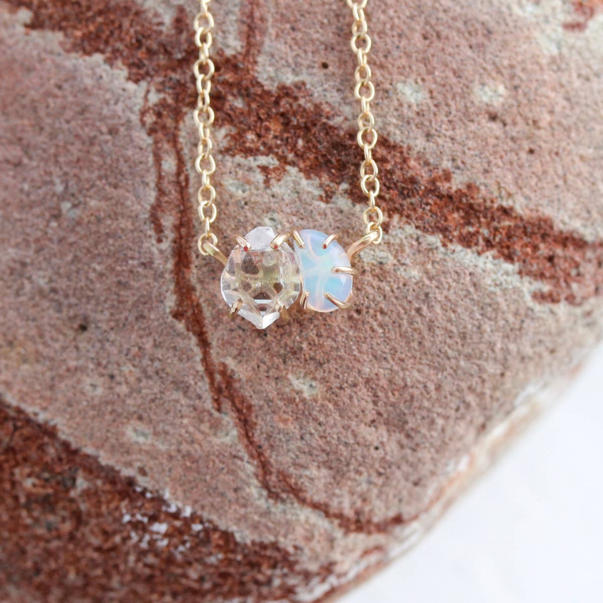 Opal and Herkimer Diamond Pebble Necklace: Sterling Silver