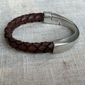 Braided Brown leather and silver bracelet