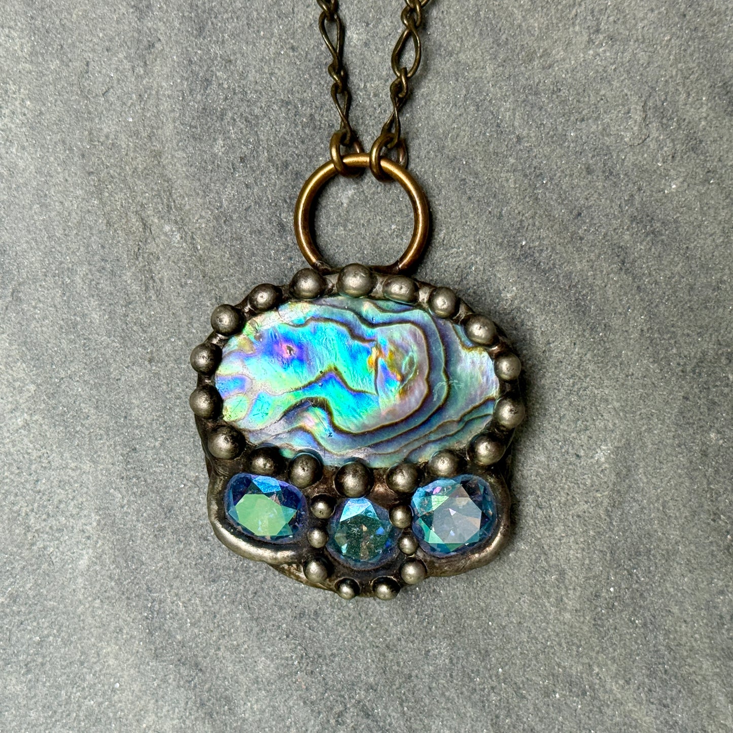 Abalone Shell and Aqua Swarovski Medallion Necklace