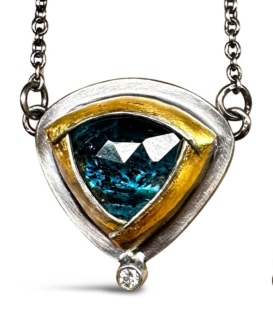 Petite Tri Fold Necklace With Diamond: Teal kyanite